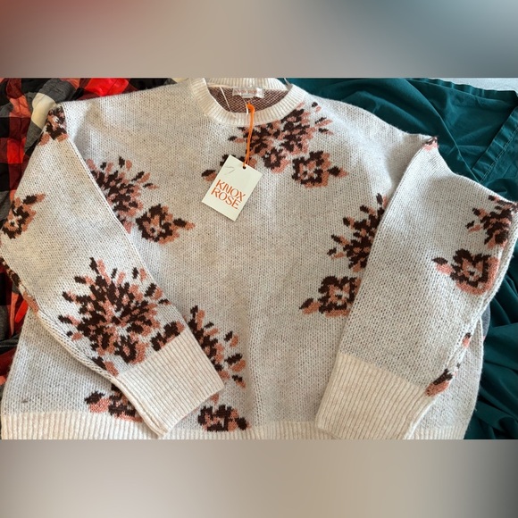 Knox Rose Women's Floral Knit Sweater - Cream and Brown Floral - Picture 4 of 6